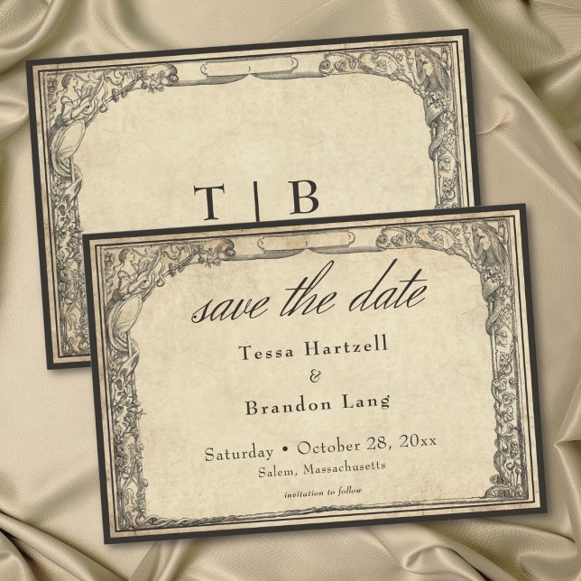 Reserve A Data Casamento em Pergaminho de Linha Gótica Medieval V (Vintage Gothic Medieval Line Parchment Wedding Save The Date)