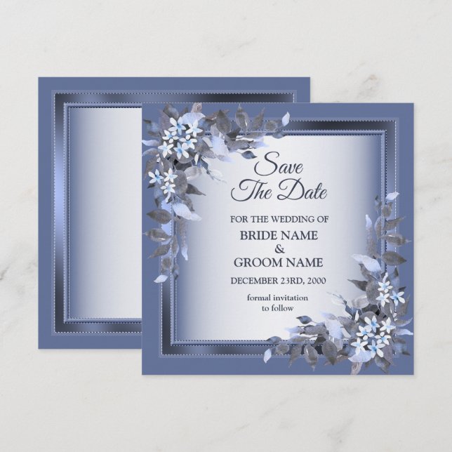Reserve A Data Casamento em Prata com Moldura Floral Azul Naval E (Frente/Verso)