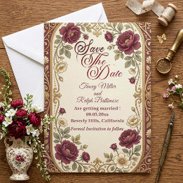 Reserve A Data Casamento em Tons de Joia Antiga Rosa Borgonha Ele