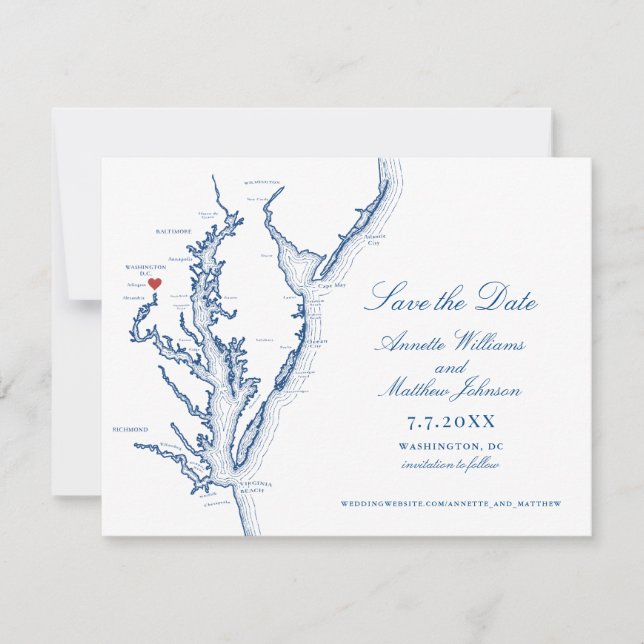 Reserve A Data Casamento em Washington DC Mapa Azul Marinho Elega (Frente)