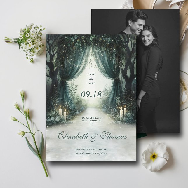 Reserve A Data Casamento Encantado de Fotos Escuro de Esmerald Mo (enchanted forest woodland wedding save the date arch canopy fairy tale magic bespoke moody dark)