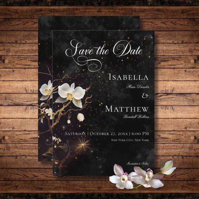 Reserve A Data Casamento entre Orquídeas Negras e Brancas Escuras (Dark Gothic Black & White Orchid Spells Wedding Save The Date Card)