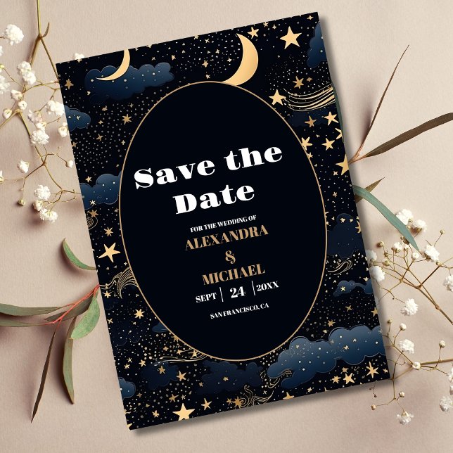 Reserve A Data Casamento Estrelas Lua Azul Celeste Meia-Noite (Criador carregado)