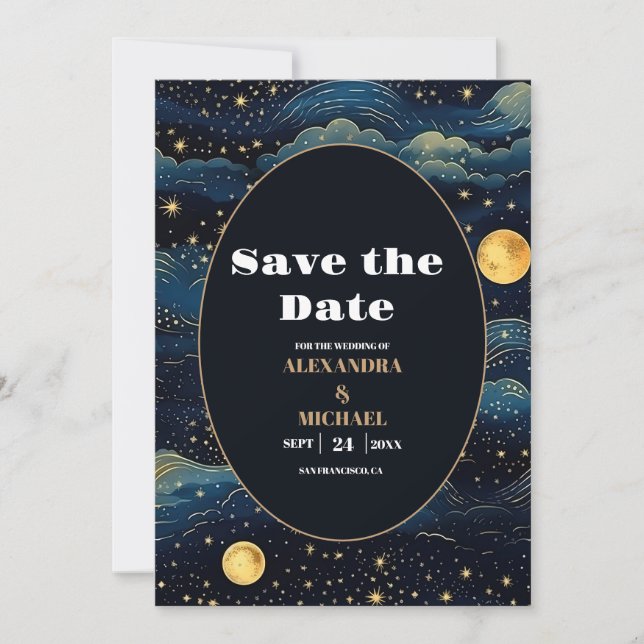 Reserve A Data Casamento Estrelas Lua Azul Celestial Meia-Noite (Frente)