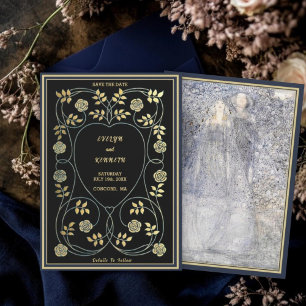 Reserve A Data Casamento Étereo Navy e Ouro em Arte Nova Vintage