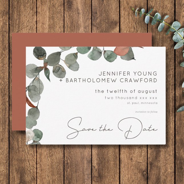 Reserve A Data Casamento Eucalipto Wreath Verde Mínimo (Minimal Rust Green Eucalyptus Wreath Wedding Save The Date)