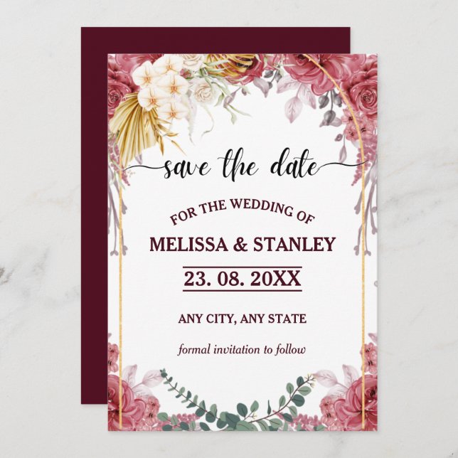 Reserve A Data Casamento Eucalyptus Dourado com Borgonha Floral E (Frente/Verso)