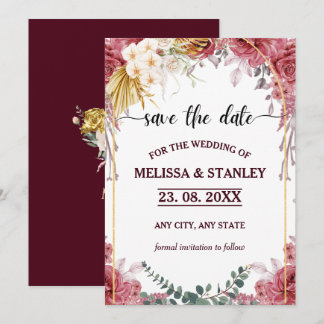 Reserve A Data Casamento Eucalyptus Dourado com Borgonha Floral E