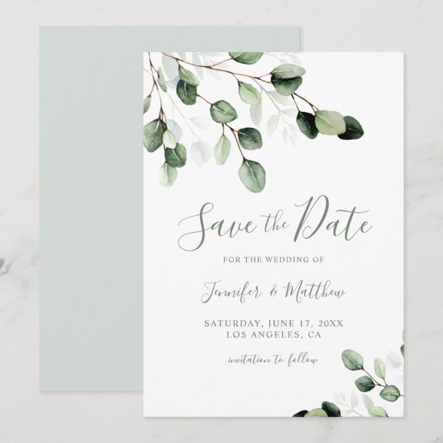 Reserve A Data Casamento Eucalyptus Elegante Greenery (Frente/Verso)