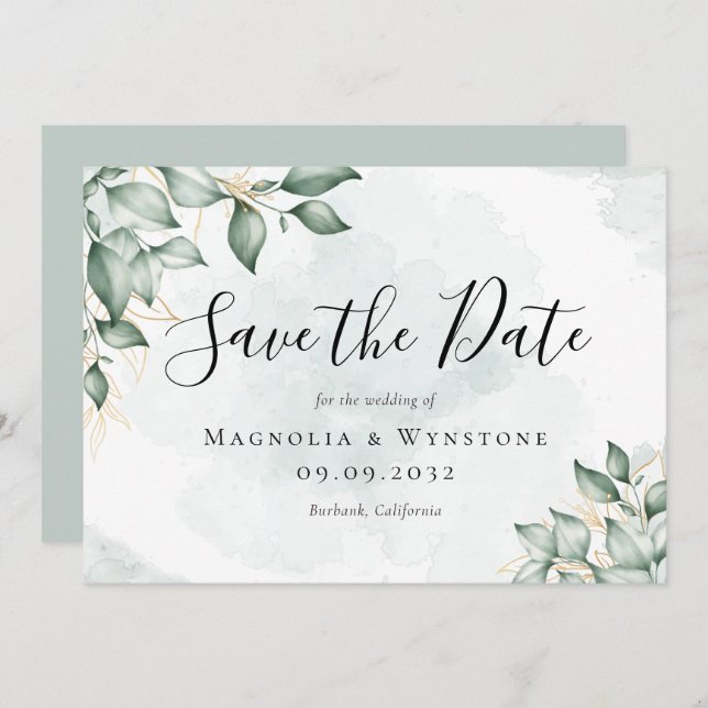 Reserve A Data Casamento Eucalyptus Greenery Watercolor (Frente/Verso)