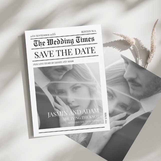 Reserve A Data Casamento exclusivo de fotos em preto e branco (Newspaper Black and White Unique Photo Wedding Save The Date)