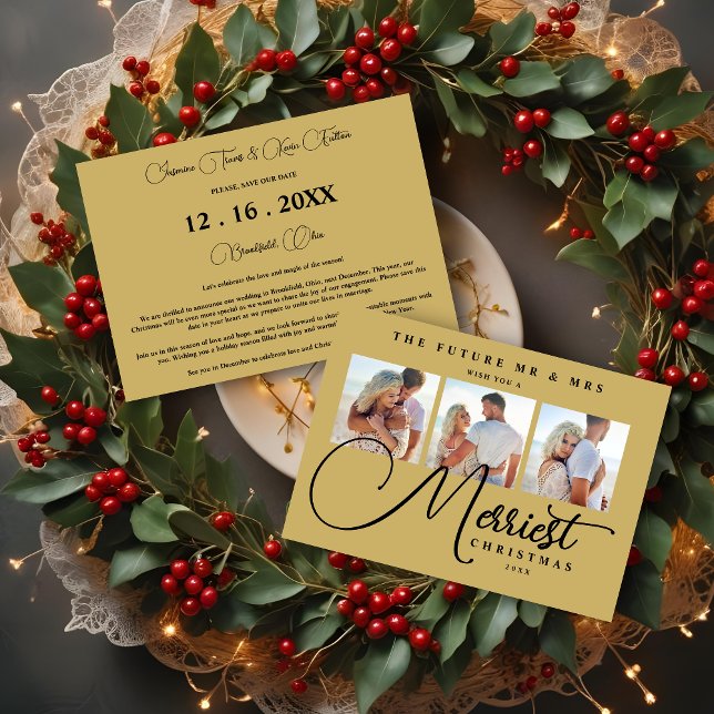 Reserve A Data Casamento Exquisito Ouro Negro Natal 3 Fotos (Exquisite Wedding Christmas 3 Photos in Fake Gold & Black Holidays Cards as a Save the Dates Cards)