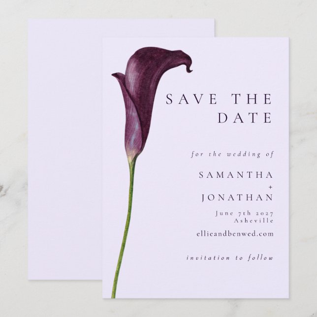 Reserve A Data Casamento Flor de Lírio Calla Roxo Elegante (Frente/Verso)