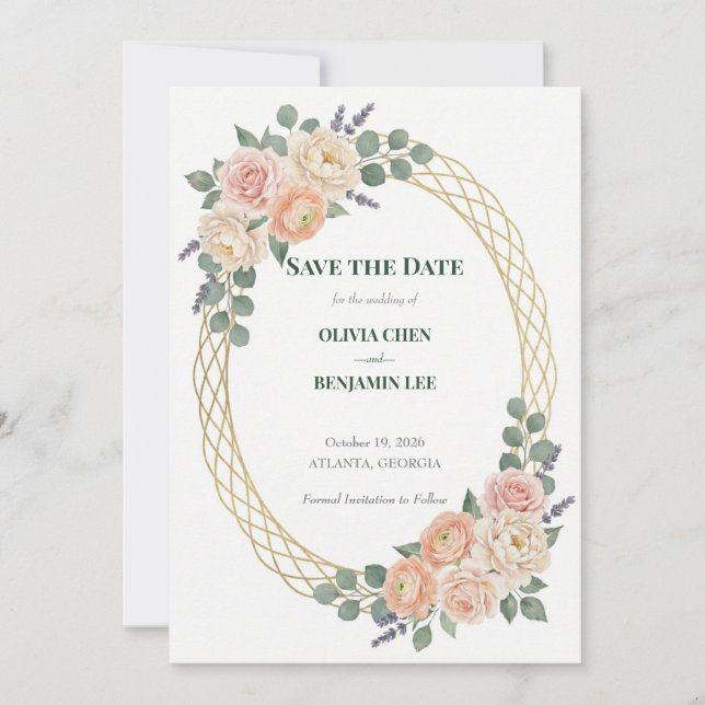 Reserve A Data Casamento Flor de Pessegueiro e Treliça Dourada (Frente)