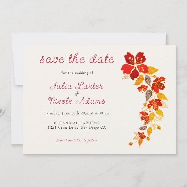 Reserve A Data Casamento Florais Hibiscus Tropical Laranja Queima (Frente)
