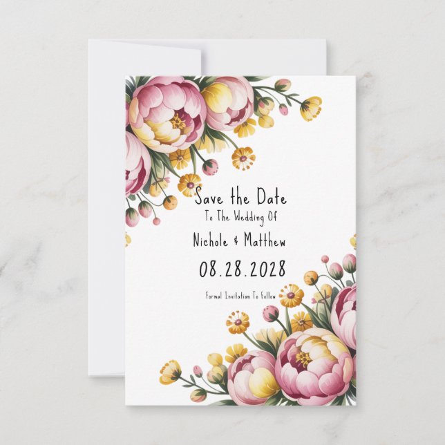 Reserve A Data Casamento Floral Amarelo-Rosa (Frente)