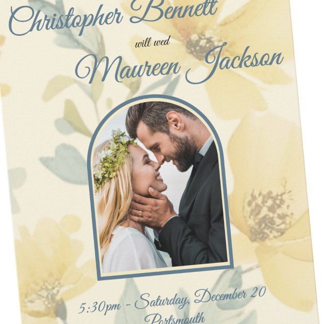 Reserve A Data Casamento Floral Amarelo Suave Amarelo-Pálido (Close up of Save the Date Butter Yellow & Pale Blue Floral Wedding)