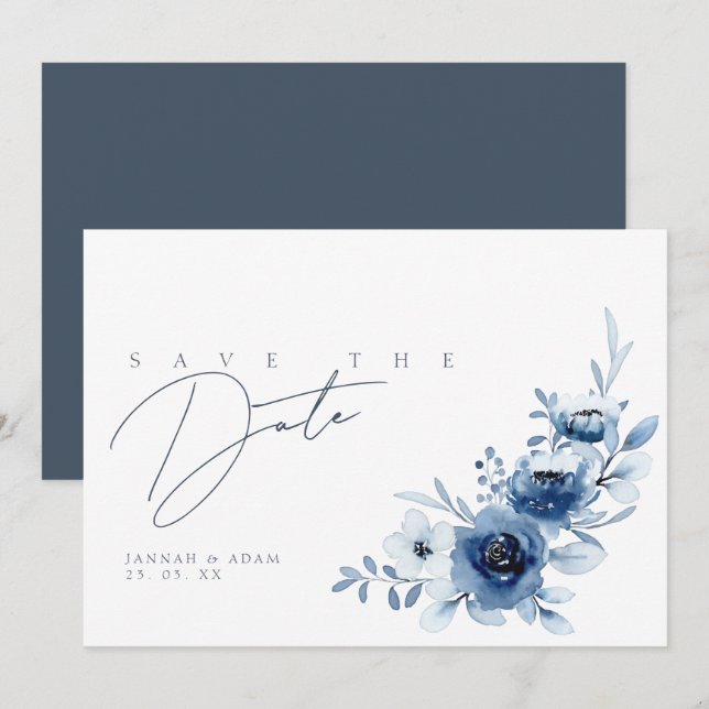 Reserve A Data Casamento Floral Azul Arraste Elegante (Frente/Verso)