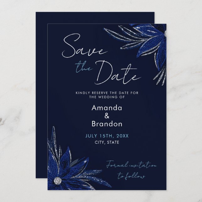 Reserve A Data Casamento Floral Azul Chic Silver e Marinho (Frente/Verso)