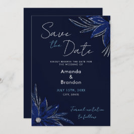 Reserve A Data Casamento Floral Azul Chic Silver e Marinho