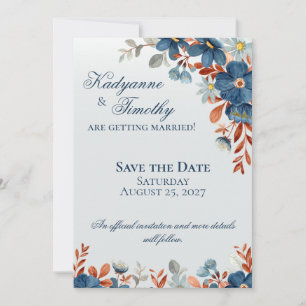 Reserve A Data Casamento Floral Azul Cornflower e Cobre