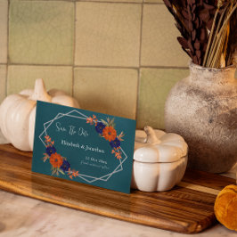 Reserve A Data Casamento Floral Azul de Marinho Laranja de Outono