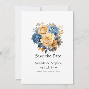 Reserve A Data Casamento Floral Azul e Dourado