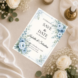 Reserve A Data Casamento Floral Azul Elegante