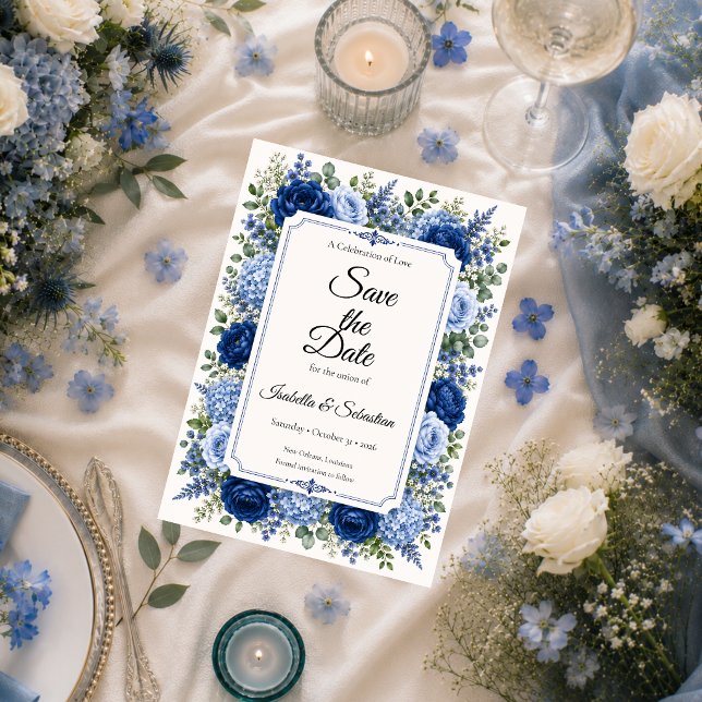 Reserve A Data Casamento Floral Azul Elegante (Criador carregado)