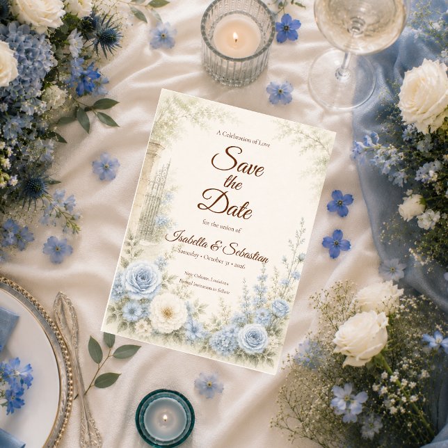 Reserve A Data Casamento Floral Azul Elegante (Criador carregado)