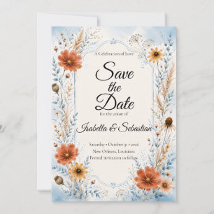Reserve A Data Casamento Floral Azul Elegante de Outono
