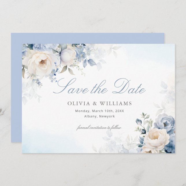 Reserve A Data Casamento Floral Azul Elegante Dusty (Frente/Verso)