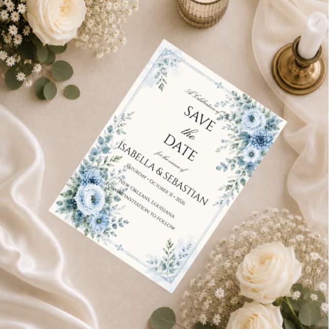 Reserve A Data Casamento Floral Azul Empoeirado (Criador carregado)