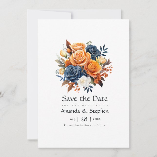 Reserve A Data Casamento Floral Azul Marinho e Laranja (Frente)