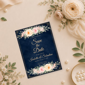 Reserve A Data Casamento Floral Azul Marinho Elegante
