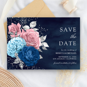 Reserve A Data Casamento Floral Azul Marinho Prata Rosa Empoeirad
