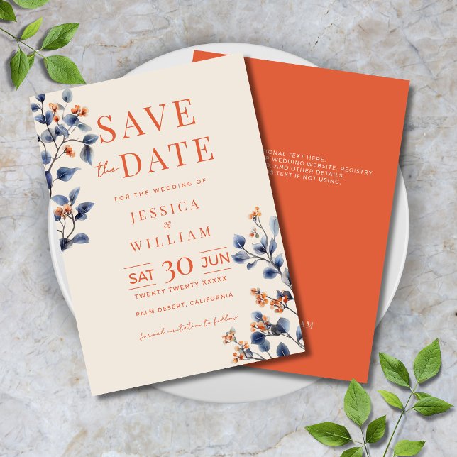 Reserve A Data Casamento Floral Azul Marinho Verona Sunset (Verona Sunset Navy Blue Watercolor Floral Wedding Save the Date with Orange and Dark Blue.)