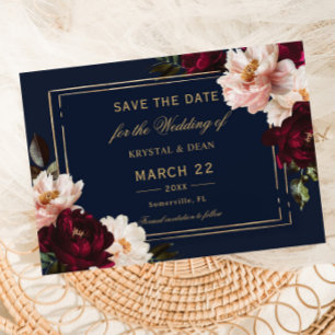 Reserve A Data Casamento Floral Azul Naval Bege Borgonha Sombrio 