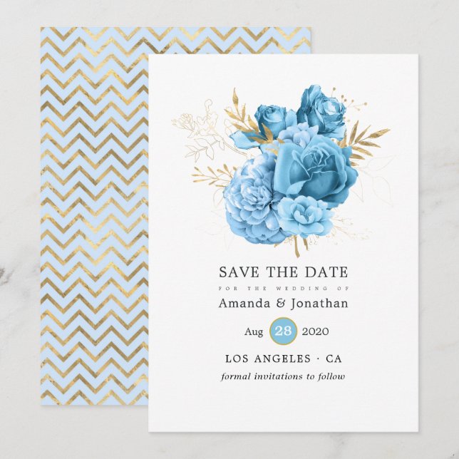 Reserve A Data Casamento Floral Azul Pastel e Dourado (Frente/Verso)
