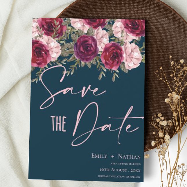 Reserve A Data Casamento Floral Azul Pessegueiro Bonito Elegante (Criador carregado)