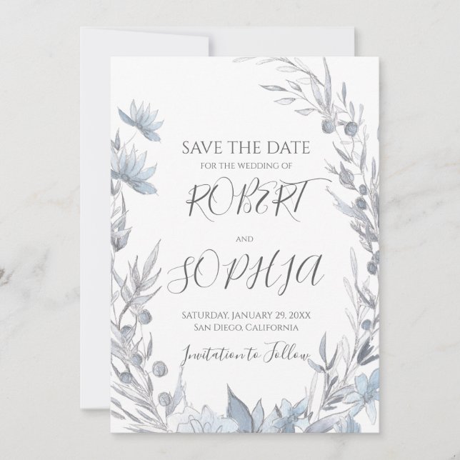 Reserve A Data Casamento Floral Azul Poeira (Frente)
