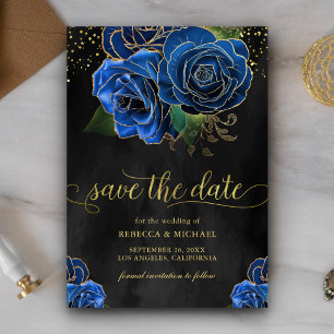 Reserve A Data Casamento Floral Azul Real Dourado Preto Rústico