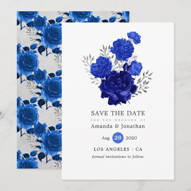 Reserve A Data Casamento Floral Azul Real e Prata (Frente/Verso)