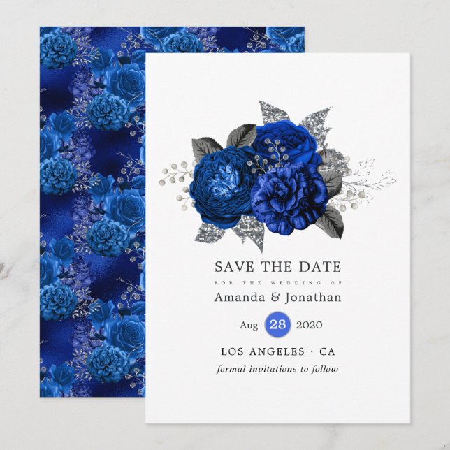 Reserve A Data Casamento Floral Azul Real, Preto e Prata (Frente/Verso)