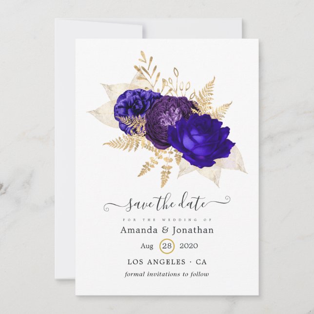 Reserve A Data Casamento Floral Azul Real, Roxo e Dourado (Frente)