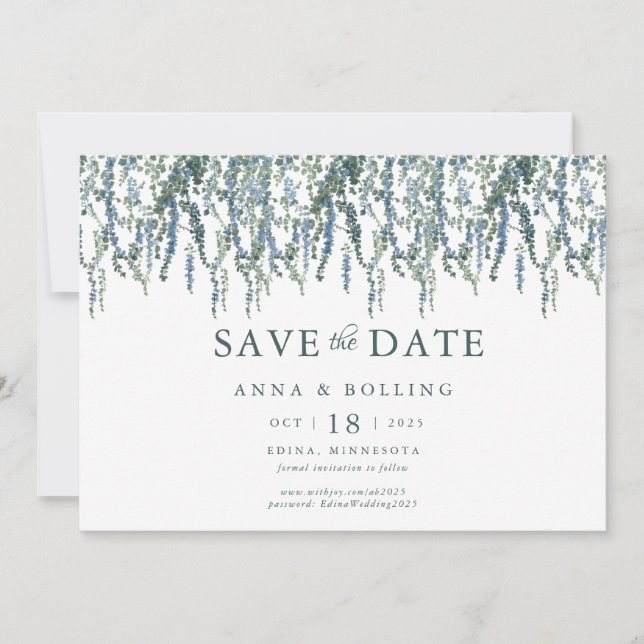 Reserve A Data Casamento Floral Azul Vine Greenery (Frente)