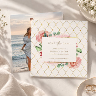 Reserve A Data Casamento Floral Bege Elegante com Treliça Dourada