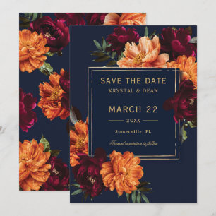 Reserve A Data Casamento Floral Bege Laranja Burgundy Escuro Azul