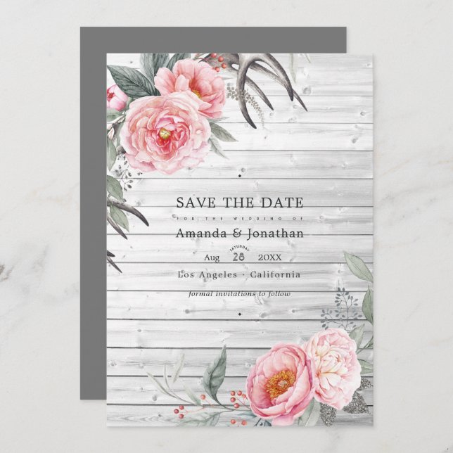 Reserve A Data Casamento Floral Boêmia Russo Rosa e Cinza (Frente/Verso)