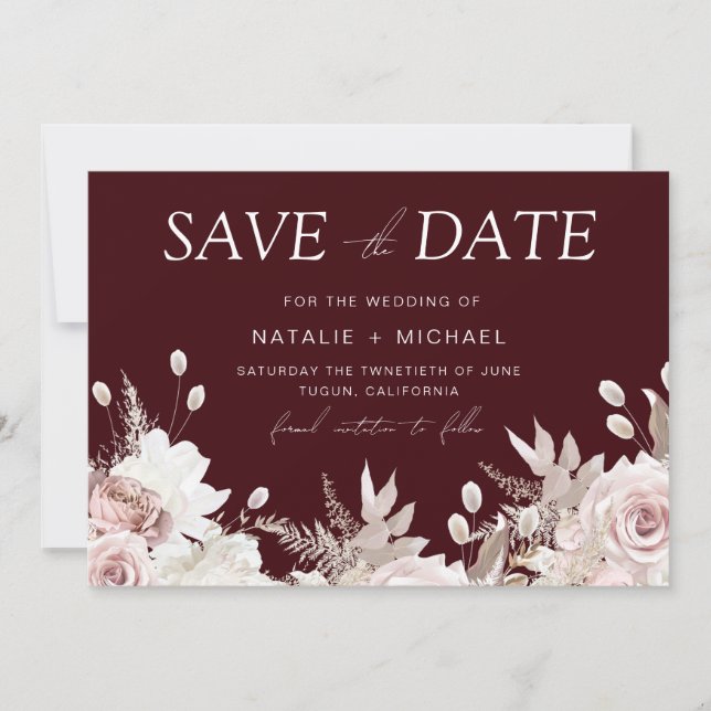 Reserve A Data Casamento Floral Boho com Rosa Borgonha Intenso (Frente)